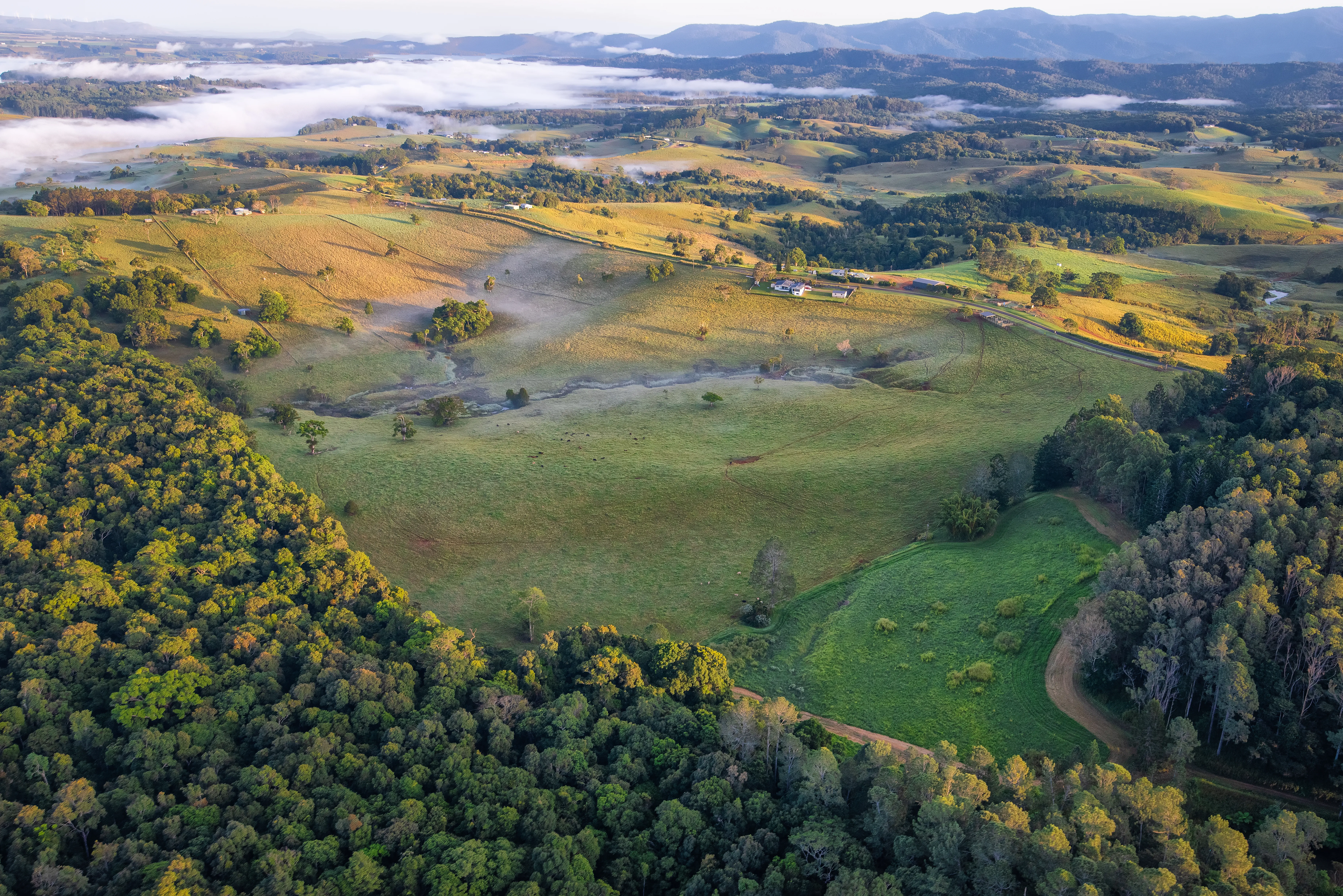 Aerial view of rolling rural property paddocks and farmland at sunrise.
